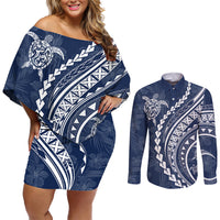 Polynesian Pride Couples Matching Off Shoulder Short Dress and Long Sleeve Button Shirts Turtle Hibiscus Luxury Style - Navy LT7 - Wonder Print Shop