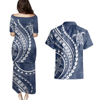 Polynesian Pride Couples Matching Puletasi Dress and Hawaiian Shirt Turtle Hibiscus Luxury Style - Navy LT7 - Wonder Print Shop