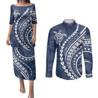 Polynesian Pride Couples Matching Puletasi Dress and Long Sleeve Button Shirts Turtle Hibiscus Luxury Style - Navy LT7 - Wonder Print Shop