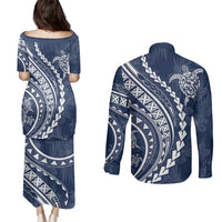 Polynesian Pride Couples Matching Puletasi Dress and Long Sleeve Button Shirts Turtle Hibiscus Luxury Style - Navy LT7 - Wonder Print Shop