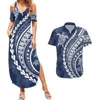 Polynesian Pride Couples Matching Summer Maxi Dress and Hawaiian Shirt Turtle Hibiscus Luxury Style - Navy LT7 - Wonder Print Shop