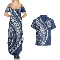 Polynesian Pride Couples Matching Summer Maxi Dress and Hawaiian Shirt Turtle Hibiscus Luxury Style - Navy LT7 - Wonder Print Shop