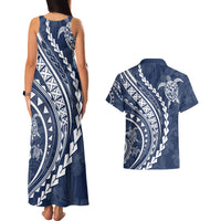 Polynesian Pride Couples Matching Tank Maxi Dress and Hawaiian Shirt Turtle Hibiscus Luxury Style - Navy LT7 - Wonder Print Shop