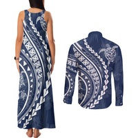 Polynesian Pride Couples Matching Tank Maxi Dress and Long Sleeve Button Shirts Turtle Hibiscus Luxury Style - Navy LT7 - Wonder Print Shop