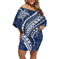 Polynesian Pride Off Shoulder Short Dress Turtle Hibiscus Luxury Style - Navy - Wonder Print Shop