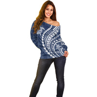 Polynesian Pride Off Shoulder Sweater Turtle Hibiscus Luxury Style - Navy - Wonder Print Shop