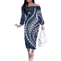 Polynesian Pride Off The Shoulder Long Sleeve Dress Turtle Hibiscus Luxury Style - Navy - Wonder Print Shop