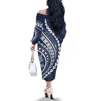 Polynesian Pride Off The Shoulder Long Sleeve Dress Turtle Hibiscus Luxury Style - Navy - Wonder Print Shop