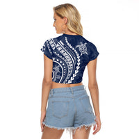 Polynesian Pride Raglan Cropped T Shirt Turtle Hibiscus Luxury Style - Navy - Wonder Print Shop