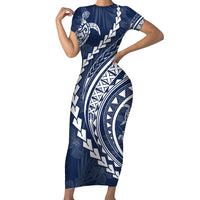 Polynesian Pride Short Sleeve Bodycon Dress Turtle Hibiscus Luxury Style - Navy - Wonder Print Shop