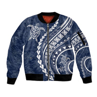 Polynesian Pride Sleeve Zip Bomber Jacket Turtle Hibiscus Luxury Style - Navy - Wonder Print Shop