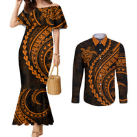 polynesian-pride-couples-matching-mermaid-dress-and-long-sleeve-button-shirts-turtle-hibiscus-luxury-style-orange