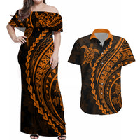 Polynesian Pride Couples Matching Off Shoulder Maxi Dress and Hawaiian Shirt Turtle Hibiscus Luxury Style - Orange LT7 - Wonder Print Shop