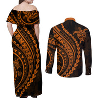 Polynesian Pride Couples Matching Off Shoulder Maxi Dress and Long Sleeve Button Shirts Turtle Hibiscus Luxury Style - Orange LT7 - Wonder Print Shop
