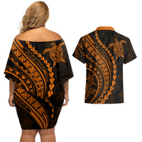 Polynesian Pride Couples Matching Off Shoulder Short Dress and Hawaiian Shirt Turtle Hibiscus Luxury Style - Orange LT7 - Wonder Print Shop
