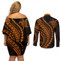 Polynesian Pride Couples Matching Off Shoulder Short Dress and Long Sleeve Button Shirts Turtle Hibiscus Luxury Style - Orange LT7 - Wonder Print Shop