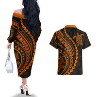Polynesian Pride Couples Matching Off The Shoulder Long Sleeve Dress and Hawaiian Shirt Turtle Hibiscus Luxury Style - Orange LT7 - Wonder Print Shop