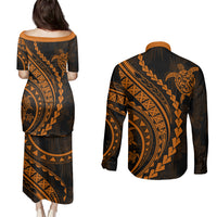 Polynesian Pride Couples Matching Puletasi Dress and Long Sleeve Button Shirts Turtle Hibiscus Luxury Style - Orange LT7 - Wonder Print Shop