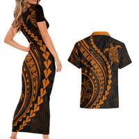 Polynesian Pride Couples Matching Short Sleeve Bodycon Dress and Hawaiian Shirt Turtle Hibiscus Luxury Style - Orange LT7 - Wonder Print Shop