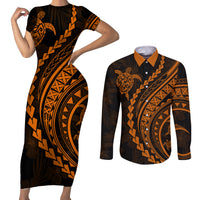 Polynesian Pride Couples Matching Short Sleeve Bodycon Dress and Long Sleeve Button Shirts Turtle Hibiscus Luxury Style - Orange LT7 - Wonder Print Shop