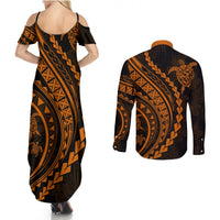 Polynesian Pride Couples Matching Summer Maxi Dress and Long Sleeve Button Shirts Turtle Hibiscus Luxury Style - Orange LT7 - Wonder Print Shop
