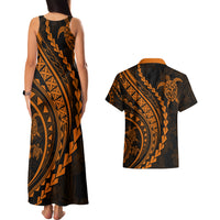 Polynesian Pride Couples Matching Tank Maxi Dress and Hawaiian Shirt Turtle Hibiscus Luxury Style - Orange LT7 - Wonder Print Shop