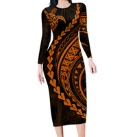 Polynesian Pride Long Sleeve Bodycon Dress Turtle Hibiscus Luxury Style - Orange - Wonder Print Shop