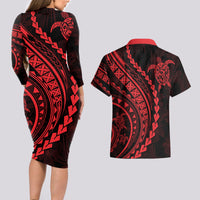Polynesian Pride Couples Matching Long Sleeve Bodycon Dress and Hawaiian Shirt Turtle Hibiscus Luxury Style - Rose LT7 - Wonder Print Shop