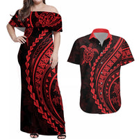 Polynesian Pride Couples Matching Off Shoulder Maxi Dress and Hawaiian Shirt Turtle Hibiscus Luxury Style - Rose LT7 - Wonder Print Shop
