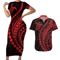 Polynesian Pride Couples Matching Short Sleeve Bodycon Dress and Hawaiian Shirt Turtle Hibiscus Luxury Style - Rose LT7 - Wonder Print Shop