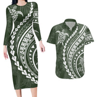 Polynesian Pride Couples Matching Long Sleeve Bodycon Dress and Hawaiian Shirt Turtle Hibiscus Luxury Style - Sage LT7 - Wonder Print Shop