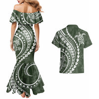 Polynesian Pride Couples Matching Mermaid Dress and Hawaiian Shirt Turtle Hibiscus Luxury Style - Sage LT7 - Wonder Print Shop