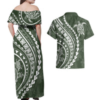 Polynesian Pride Couples Matching Off Shoulder Maxi Dress and Hawaiian Shirt Turtle Hibiscus Luxury Style - Sage LT7 - Wonder Print Shop
