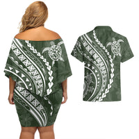 Polynesian Pride Couples Matching Off Shoulder Short Dress and Hawaiian Shirt Turtle Hibiscus Luxury Style - Sage LT7 - Wonder Print Shop