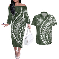 Polynesian Pride Couples Matching Off The Shoulder Long Sleeve Dress and Hawaiian Shirt Turtle Hibiscus Luxury Style - Sage LT7 - Wonder Print Shop