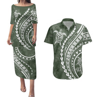 Polynesian Pride Couples Matching Puletasi Dress and Hawaiian Shirt Turtle Hibiscus Luxury Style - Sage LT7 - Wonder Print Shop