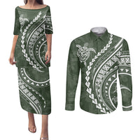 Polynesian Pride Couples Matching Puletasi Dress and Long Sleeve Button Shirts Turtle Hibiscus Luxury Style - Sage LT7 - Wonder Print Shop