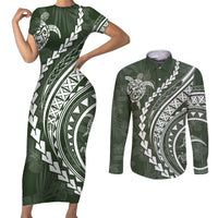 Polynesian Pride Couples Matching Short Sleeve Bodycon Dress and Long Sleeve Button Shirts Turtle Hibiscus Luxury Style - Sage LT7 - Wonder Print Shop