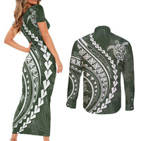 Polynesian Pride Couples Matching Short Sleeve Bodycon Dress and Long Sleeve Button Shirts Turtle Hibiscus Luxury Style - Sage LT7 - Wonder Print Shop
