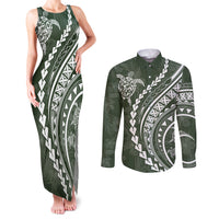 Polynesian Pride Couples Matching Tank Maxi Dress and Long Sleeve Button Shirts Turtle Hibiscus Luxury Style - Sage LT7 - Wonder Print Shop
