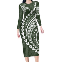 Polynesian Pride Long Sleeve Bodycon Dress Turtle Hibiscus Luxury Style - Sage - Wonder Print Shop