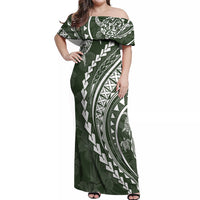Polynesian Pride Off Shoulder Maxi Dress Turtle Hibiscus Luxury Style - Sage - Wonder Print Shop