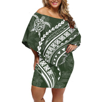 Polynesian Pride Off Shoulder Short Dress Turtle Hibiscus Luxury Style - Sage - Wonder Print Shop