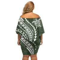 Polynesian Pride Off Shoulder Short Dress Turtle Hibiscus Luxury Style - Sage - Wonder Print Shop