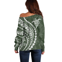 Polynesian Pride Off Shoulder Sweater Turtle Hibiscus Luxury Style - Sage - Wonder Print Shop