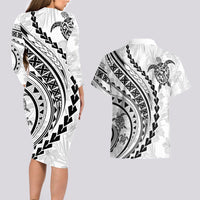 Polynesian Pride Couples Matching Long Sleeve Bodycon Dress and Hawaiian Shirt Turtle Hibiscus Luxury Style - White LT7 - Wonder Print Shop