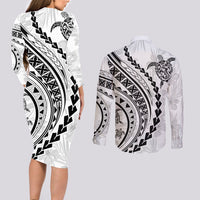 Polynesian Pride Couples Matching Long Sleeve Bodycon Dress and Long Sleeve Button Shirts Turtle Hibiscus Luxury Style - White LT7 - Wonder Print Shop