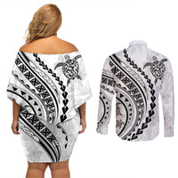 Polynesian Pride Couples Matching Off Shoulder Short Dress and Long Sleeve Button Shirts Turtle Hibiscus Luxury Style - White LT7 - Wonder Print Shop