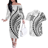 Polynesian Pride Couples Matching Off The Shoulder Long Sleeve Dress and Hawaiian Shirt Turtle Hibiscus Luxury Style - White LT7 - Wonder Print Shop