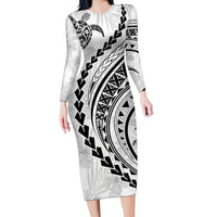 Polynesian Pride Long Sleeve Bodycon Dress Turtle Hibiscus Luxury Style - White - Wonder Print Shop